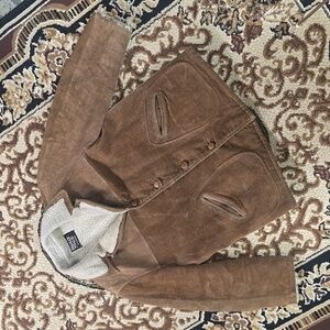 Retro 70s Heavy Suede Coat With Faux Shearling Lining And Wooden Buttons 1970s